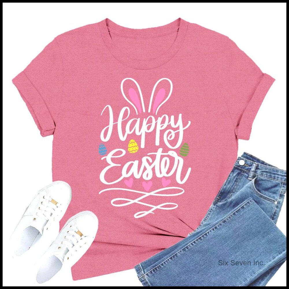 Happy Easter T-Shirt Rabbit Ear Egg Print Tee Polyester Rayon Spandex